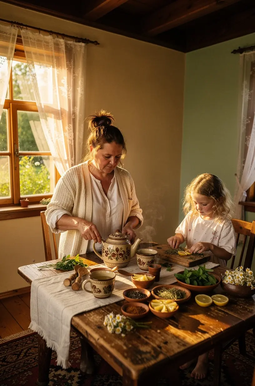 Arbatos puodelis ant medinio stalo šalia natūralių žolelių ir užrašų apie sveikatingumo rutiną bei sąmoningą hidrataciją.